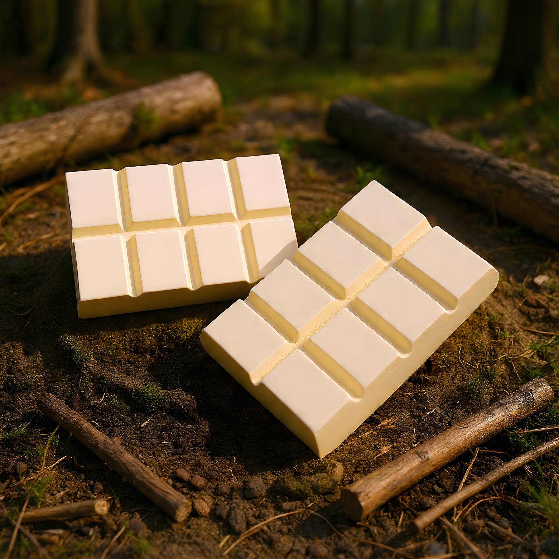Amber & Driftwood wax melt bars photographed outdoors on forest floor – Ember Haven Candles