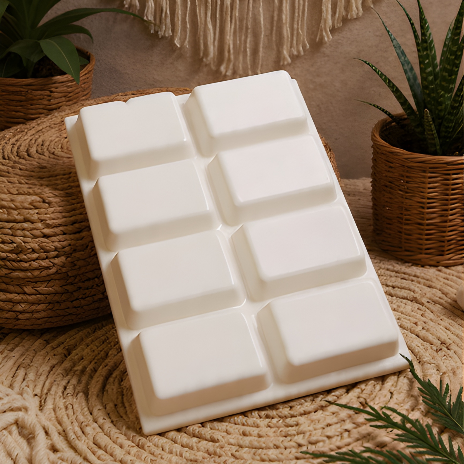 Amber and Driftwood large wax melt bar on woven mat with greenery – Ember Haven Candles