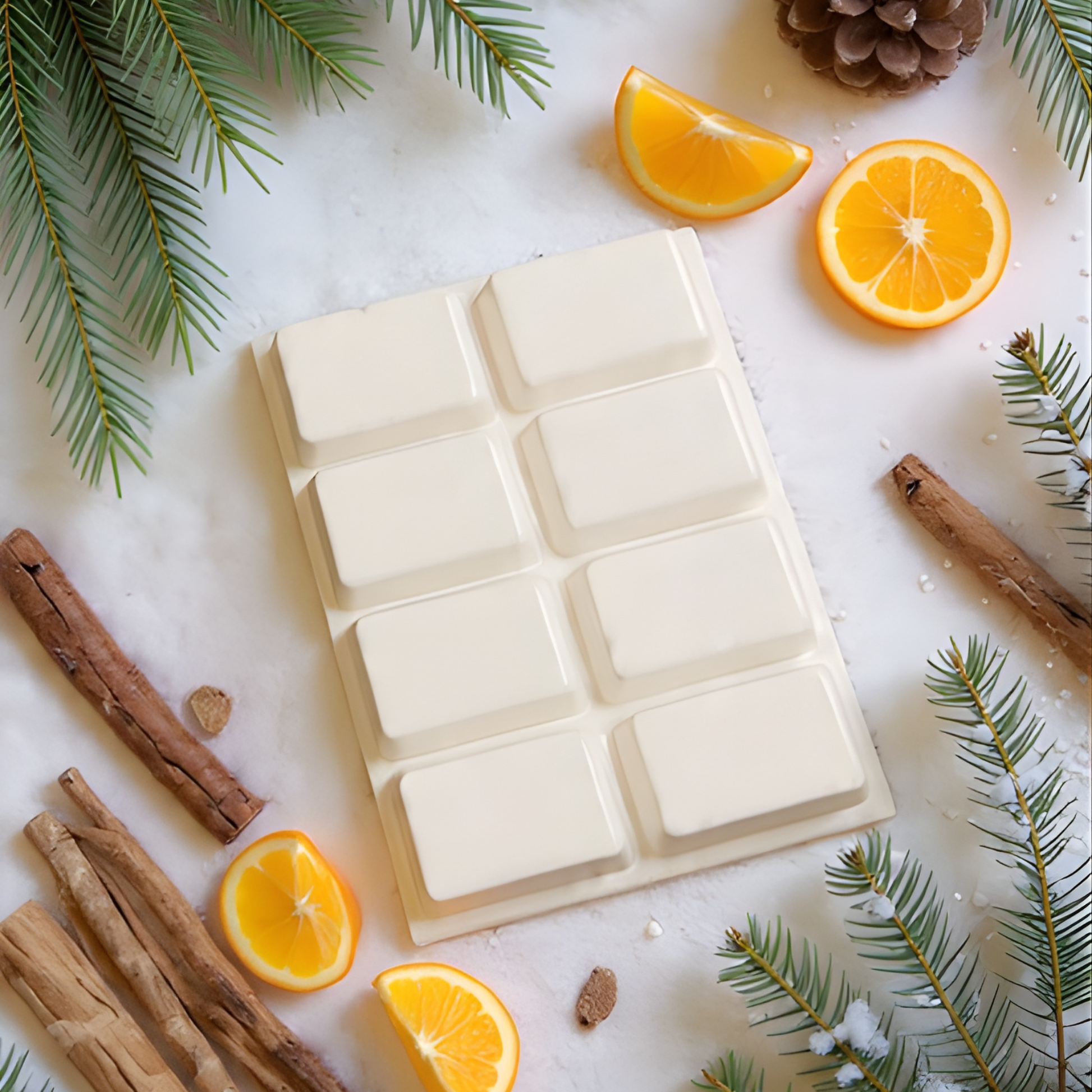 Arabian Nights Wax Melts displayed with pine, citrus oranges, and wood elements – Ember Haven Candles”