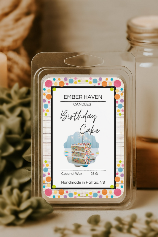 Ember Haven Candles Birthday Cake wax melt packaging with a candle and jar in the background
