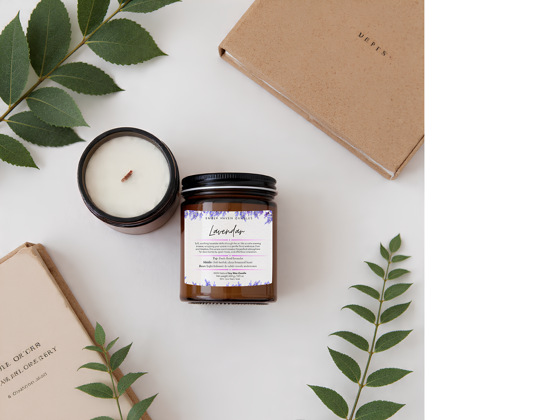 Two candles on a white surface with green leaves and a brown box.