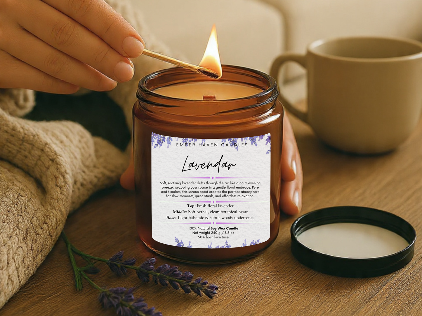 Lavender candle being lit with a match on a wooden surface, surrounded by lavender flowers and a mug.
