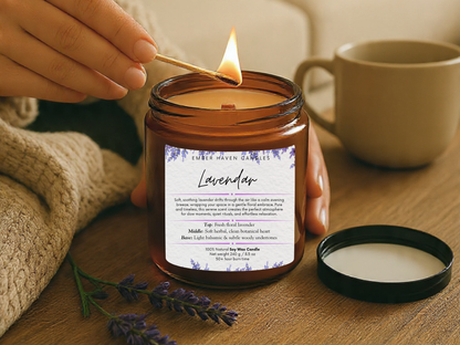 Lavender candle being lit with a match on a wooden surface, surrounded by lavender flowers and a mug.