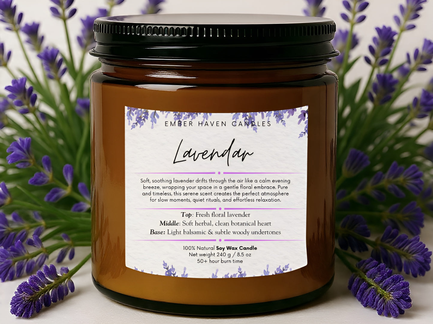 Lavender candle with a label in front of lavender flowers