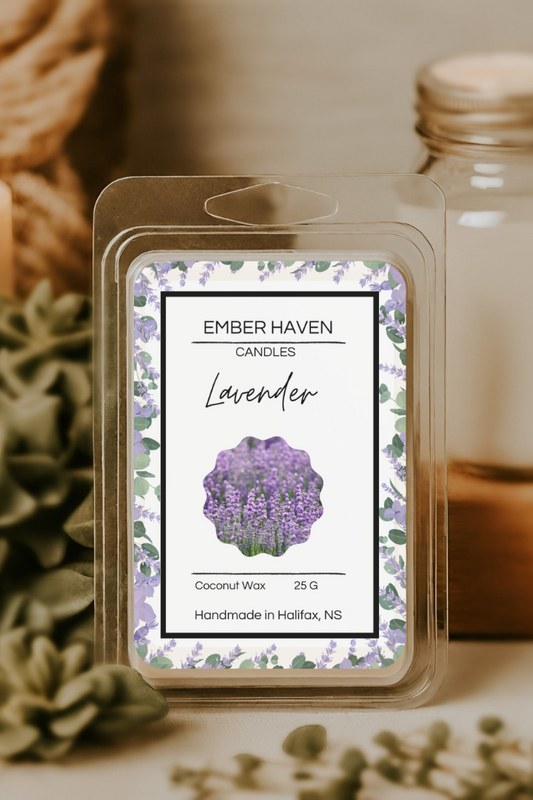 Ember Haven Candles Lavender wax melt packaging with a candle and jar in the background