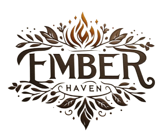 Logo for Ember Haven with decorative elements on a white background
