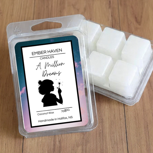 A set of six Ember Haven Candles A Million Dreams wax melts in 70g packages, displayed in mockup images.